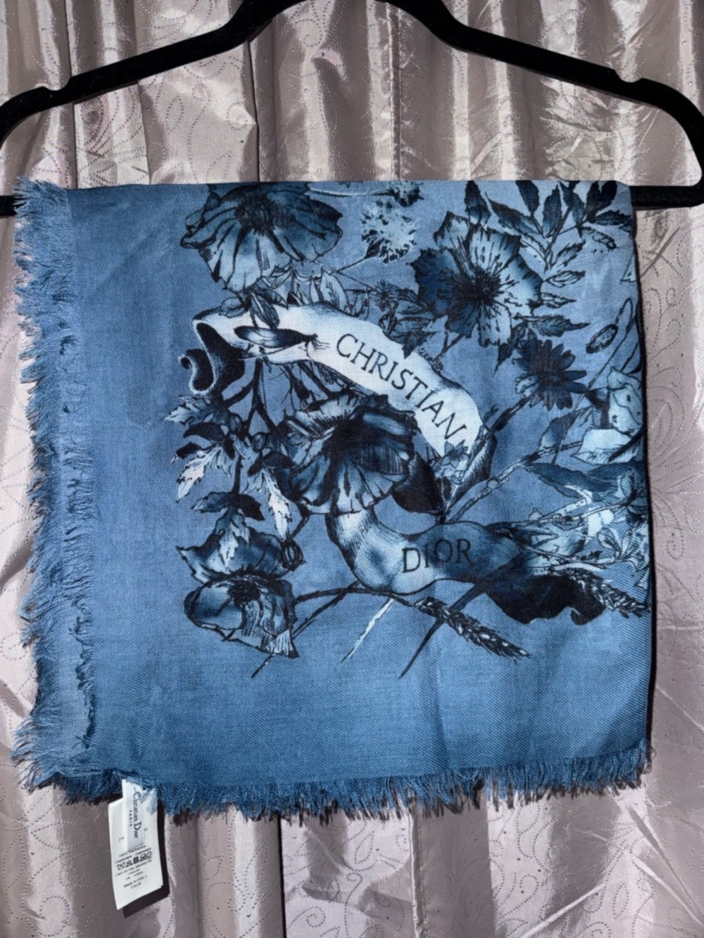 Dior Blue Cashmere Scarf with Fringed Edge
